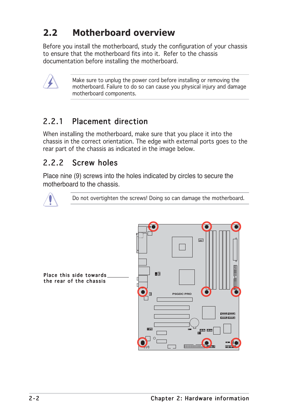 2 motherboard overview | Asus P5GDC Pro User Manual | Page 22 / 130