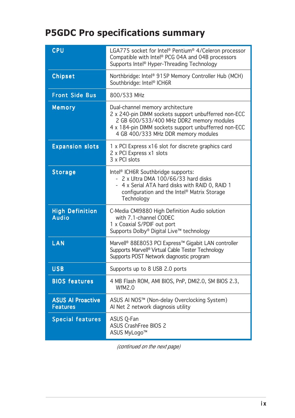 P5gdc pro specifications summary | Asus P5GDC Pro User Manual | Page 9 / 130