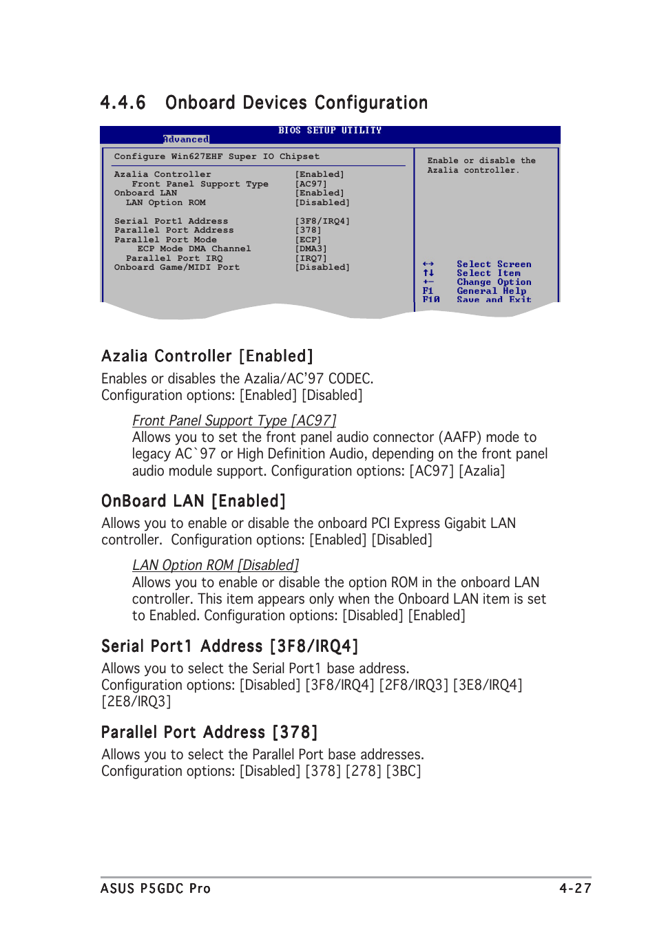 Azalia controller [enabled, Onboard lan [enabled, Serial port1 address [3f8/irq4 | Parallel port address [378 | Asus P5GDC Pro User Manual | Page 91 / 130
