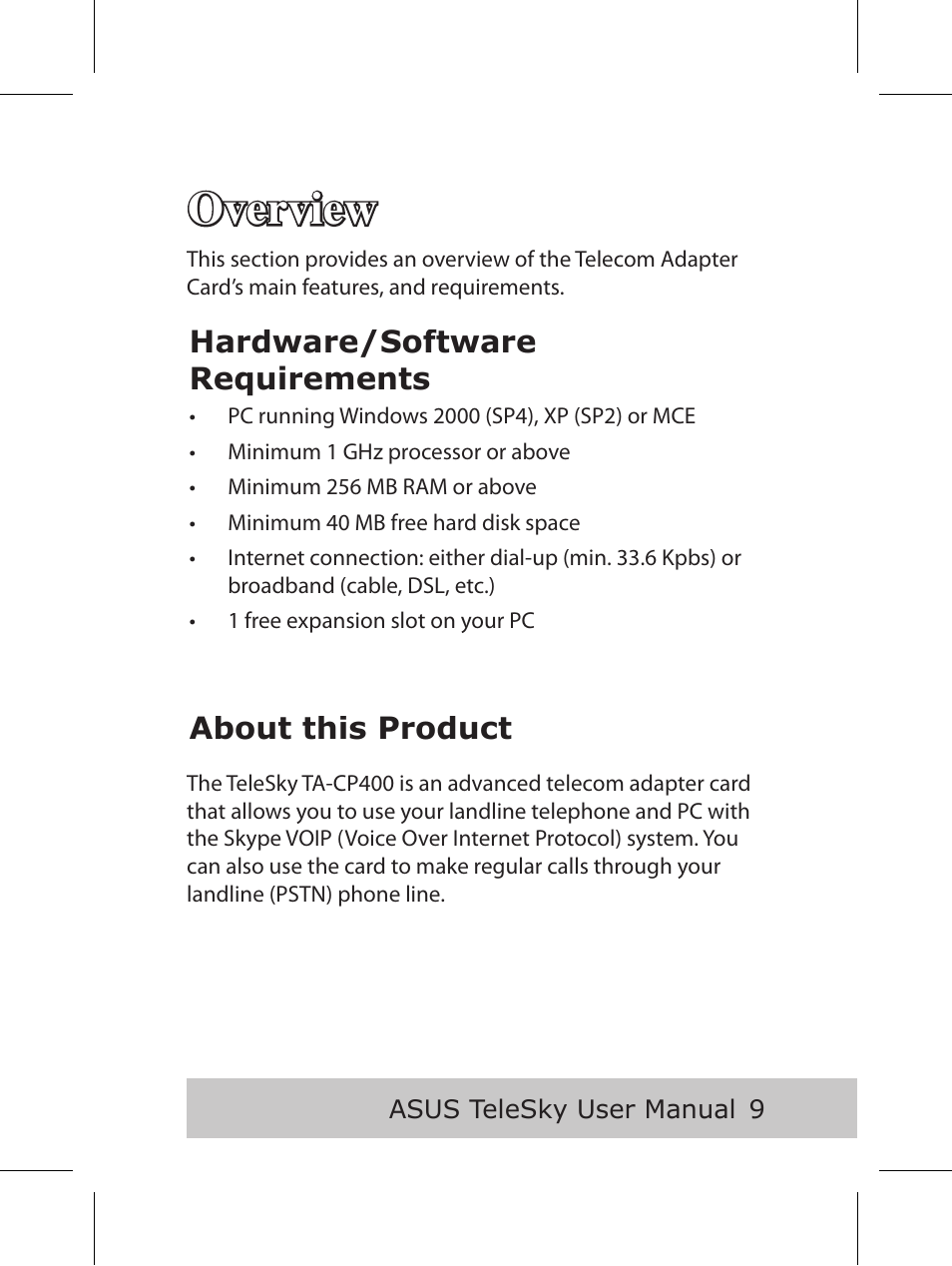 Overview, Hardware/software requirements, About this product | Asus P5B User Manual | Page 11 / 56