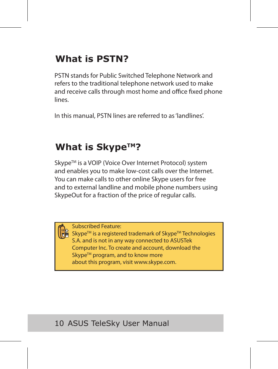 What is pstn, What is skype, 0 asus telesky user manual | Asus P5B User Manual | Page 12 / 56