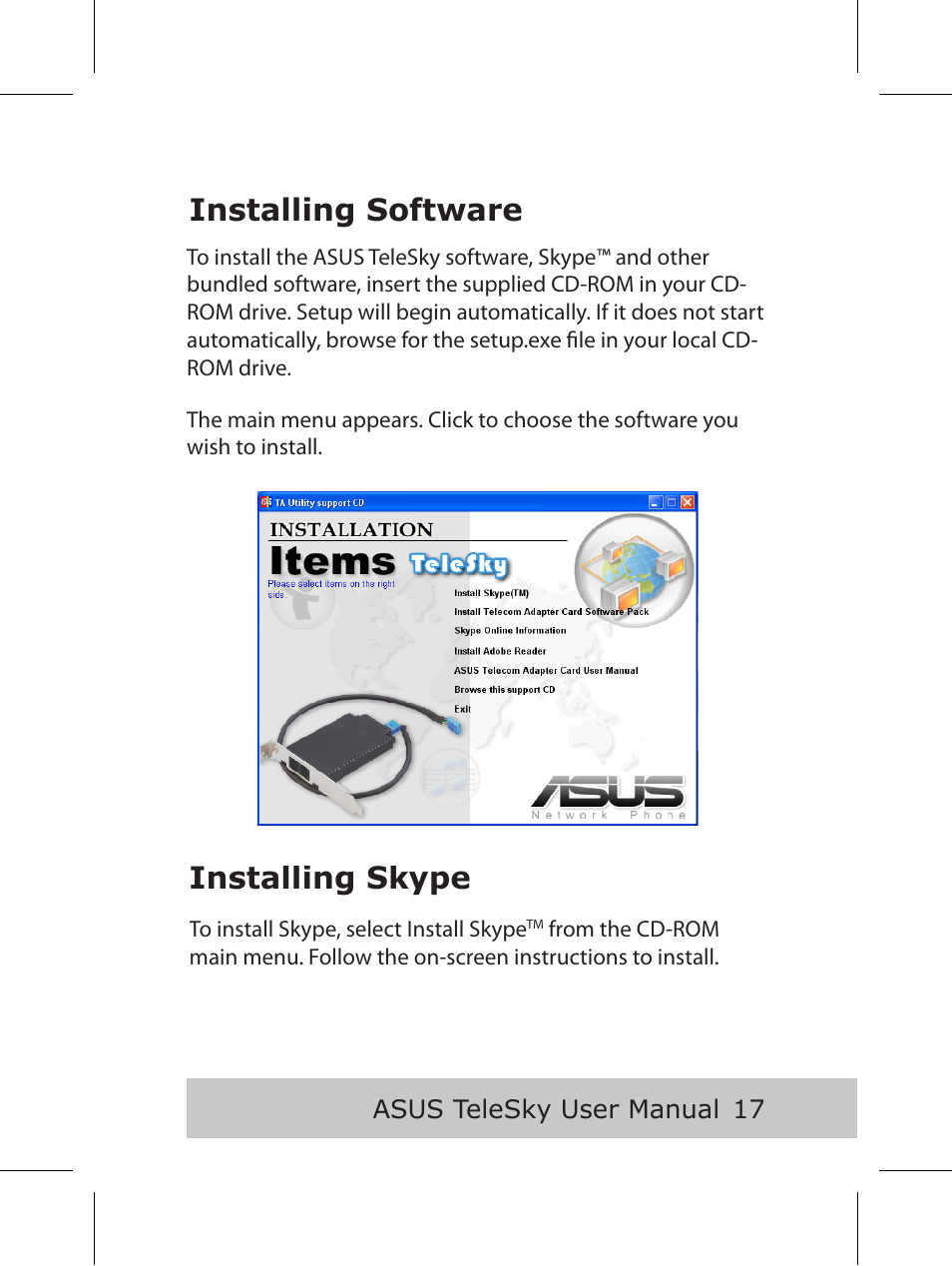 Installing software installing skype | Asus P5B User Manual | Page 19 / 56