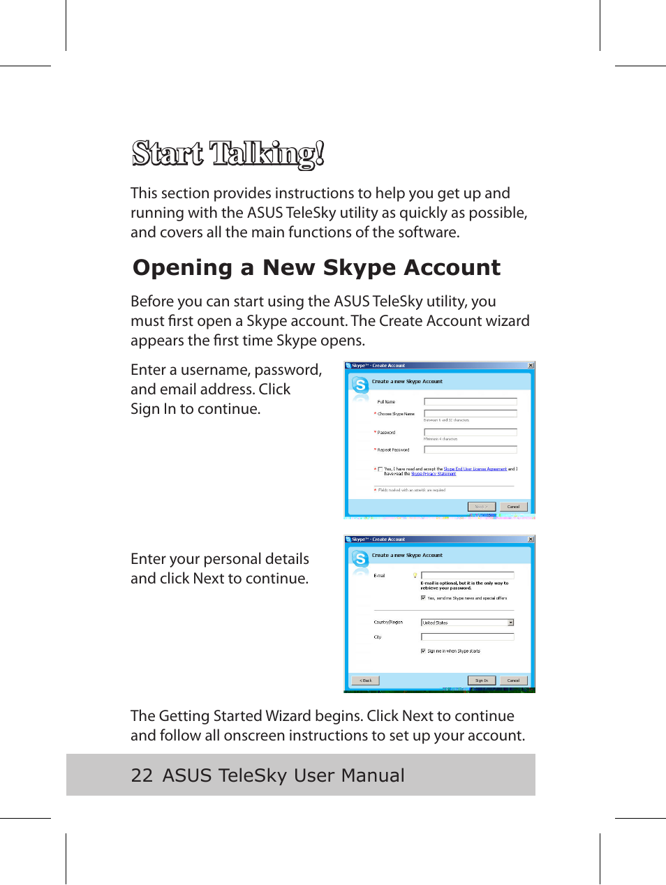 Start talking, Opening a new skype account | Asus P5B User Manual | Page 24 / 56