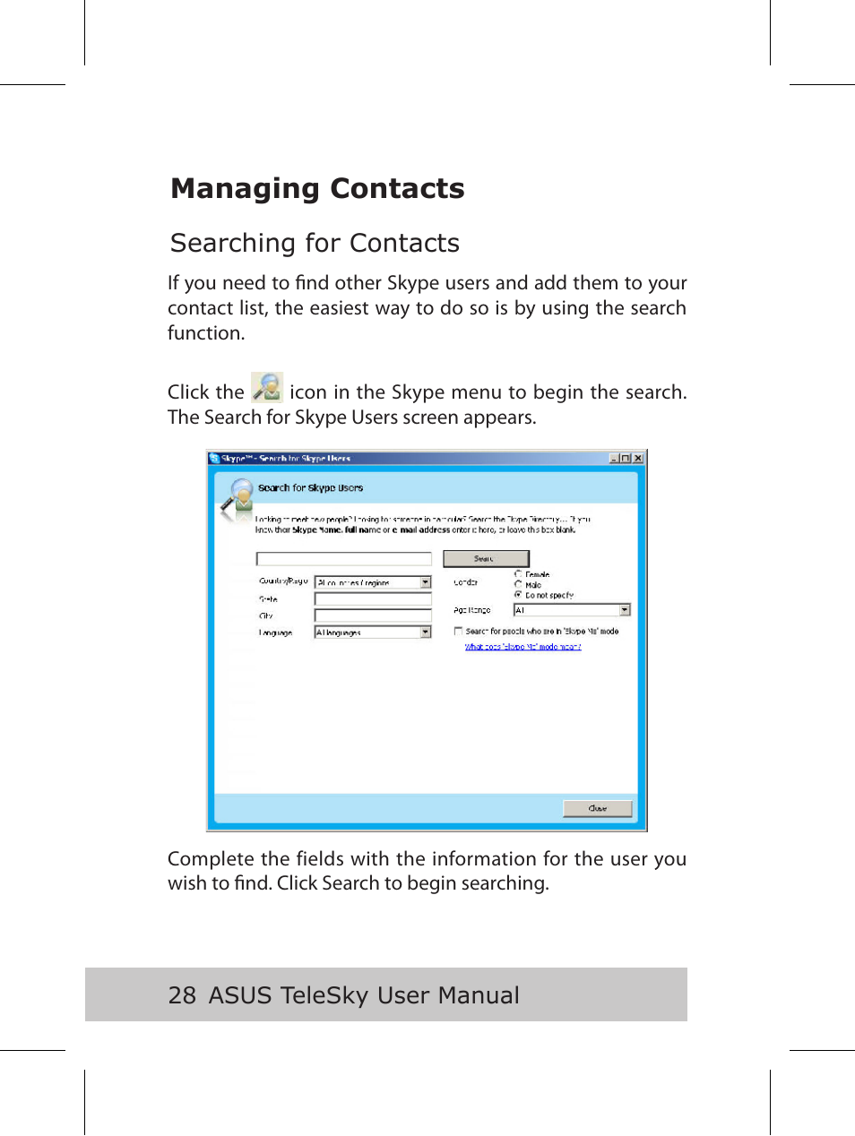 Managing contacts, Searching for contacts | Asus P5B User Manual | Page 30 / 56