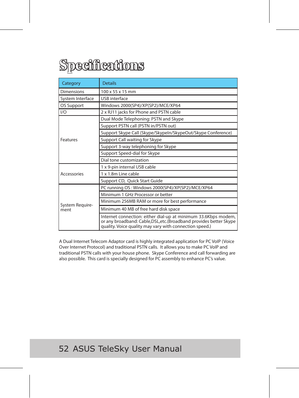 Specifications, Asus telesky user manual | Asus P5B User Manual | Page 54 / 56