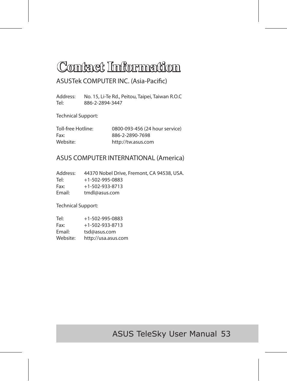 Contact information, Asus telesky user manual, Asustek computer inc. (asia-pacific) | Asus computer international (america) | Asus P5B User Manual | Page 55 / 56