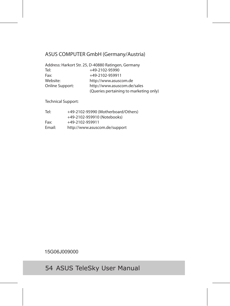 Asus telesky user manual, Asus computer gmbh (germany/austria) | Asus P5B User Manual | Page 56 / 56