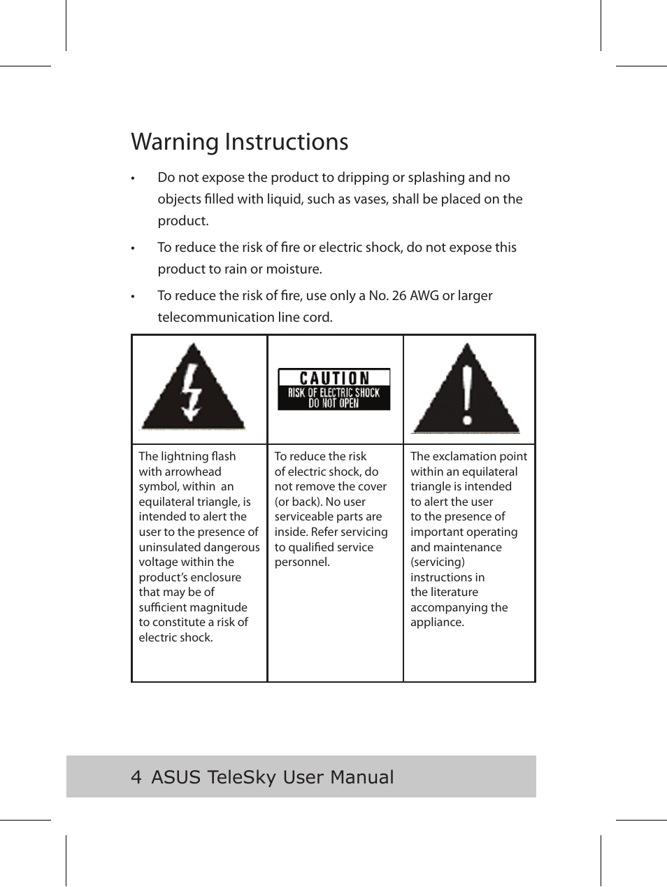 Warning instructions, Asus telesky user manual | Asus P5B User Manual | Page 6 / 56