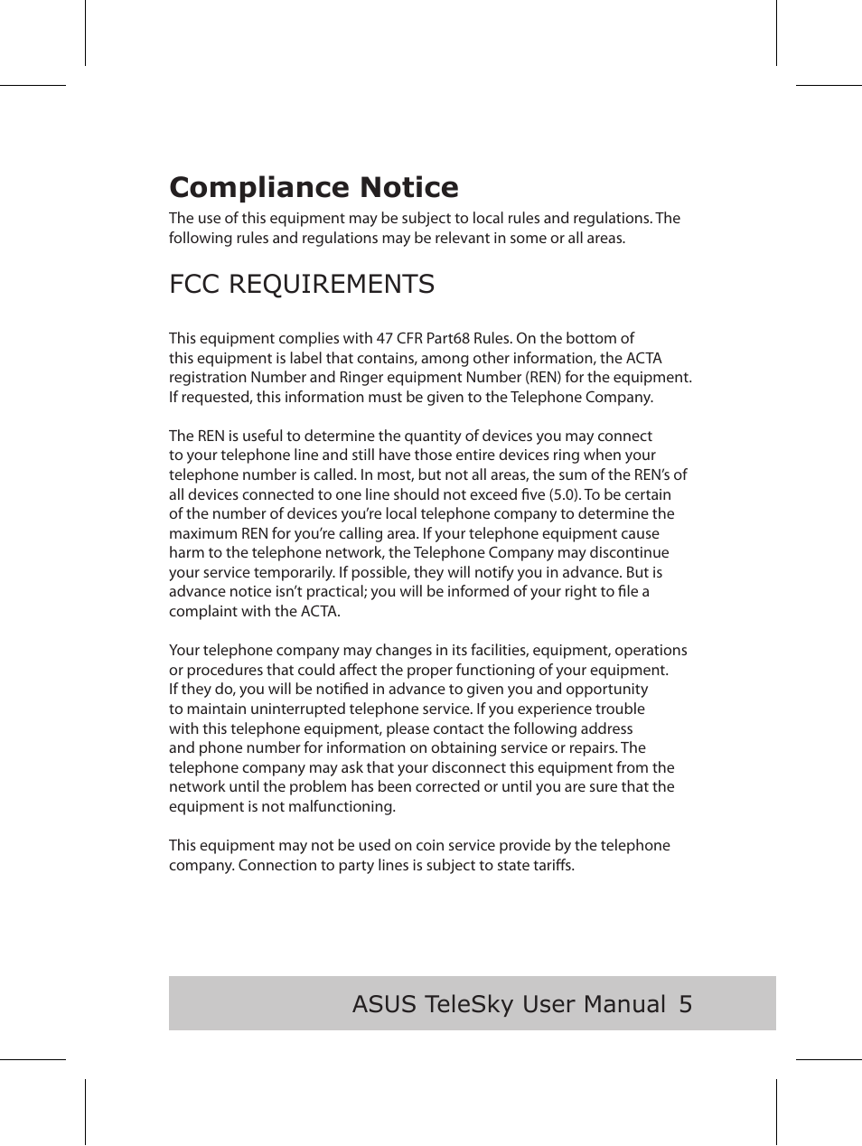 Compliance notice, Fcc requirements, Asus telesky user manual | Asus P5B User Manual | Page 7 / 56