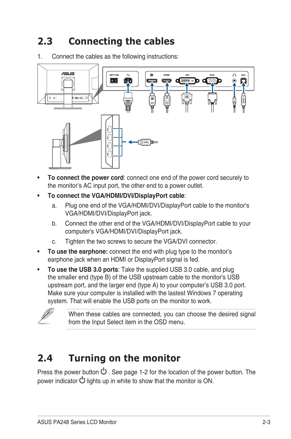 3 connecting the cables, 4 turning on the monitor, Connecting the cables -3 | Turning on the monitor -3 | Asus PA248QR User Manual | Page 15 / 25