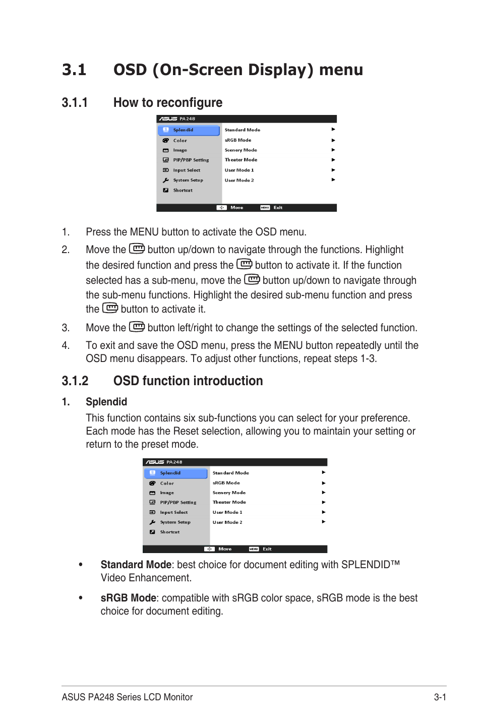 Chapter 3: general instructions, 1 osd (on-screen display) menu, 1 how to reconfigure | 2 osd function introduction, Osd (on-screen display) menu -1 3.1.1, How to reconfigure -1, Osd function introduction -1 | Asus PA248QR User Manual | Page 17 / 25