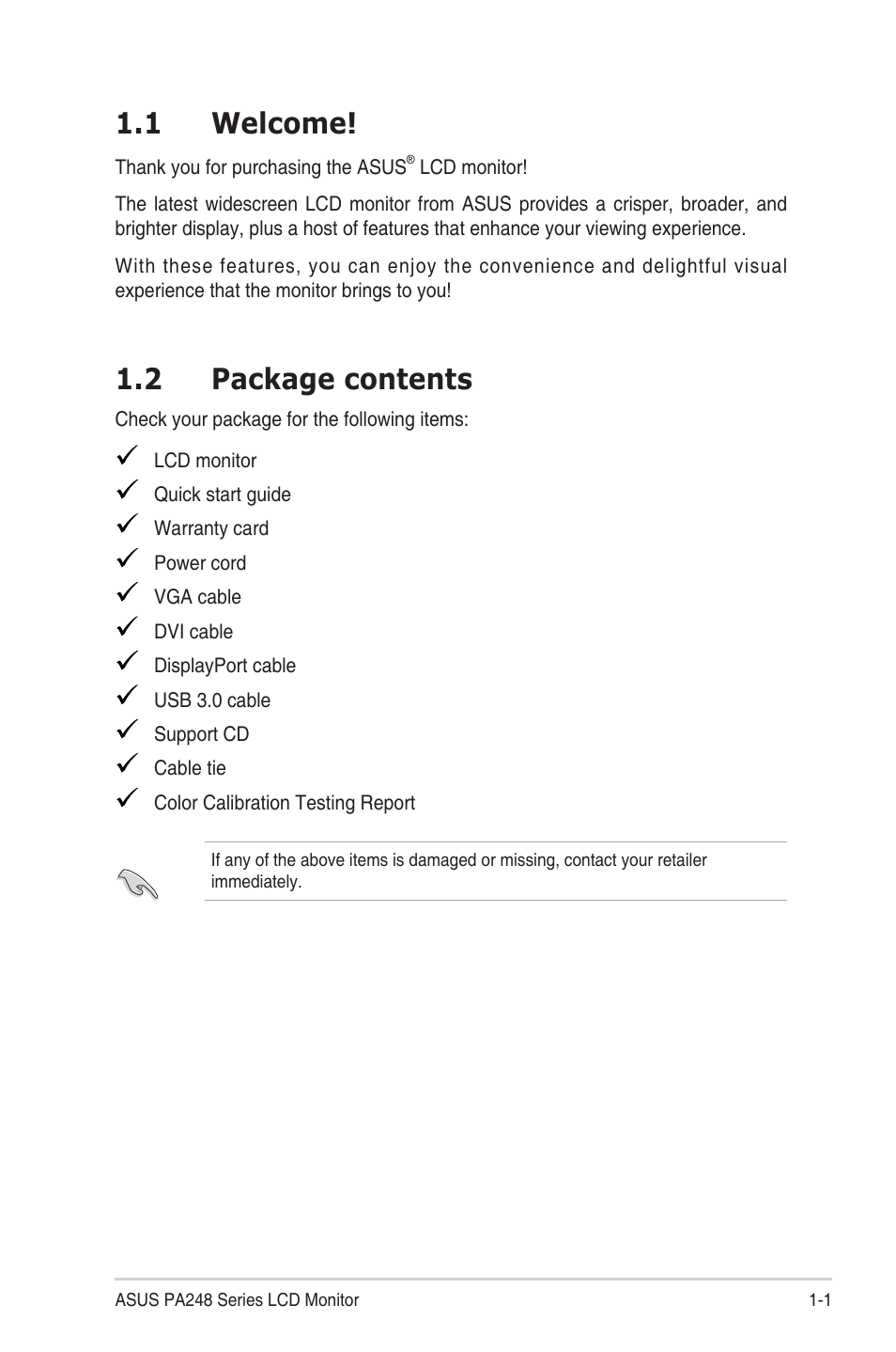 Chapter 1: product introduction, 1 welcome, 2 package contents | Welcome! -1, Package contents -1 | Asus PA248QR User Manual | Page 7 / 25