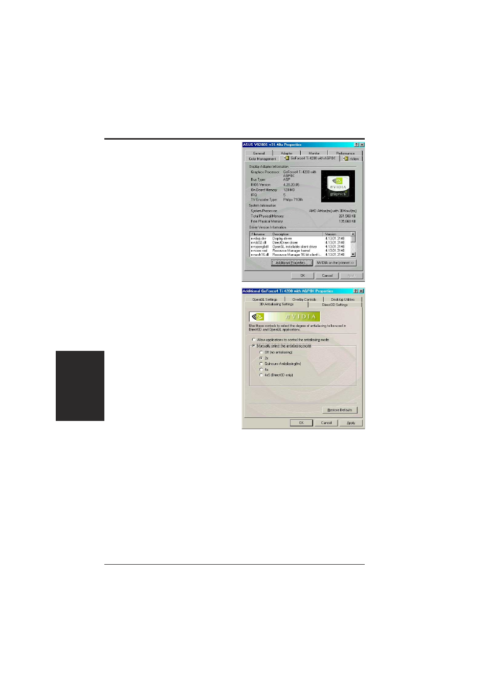 Software reference, 3d antialiasing settings, Geforce4 | Manually select anti- aliasing mode, Additional properties | Asus V9280 Series User Manual | Page 46 / 68