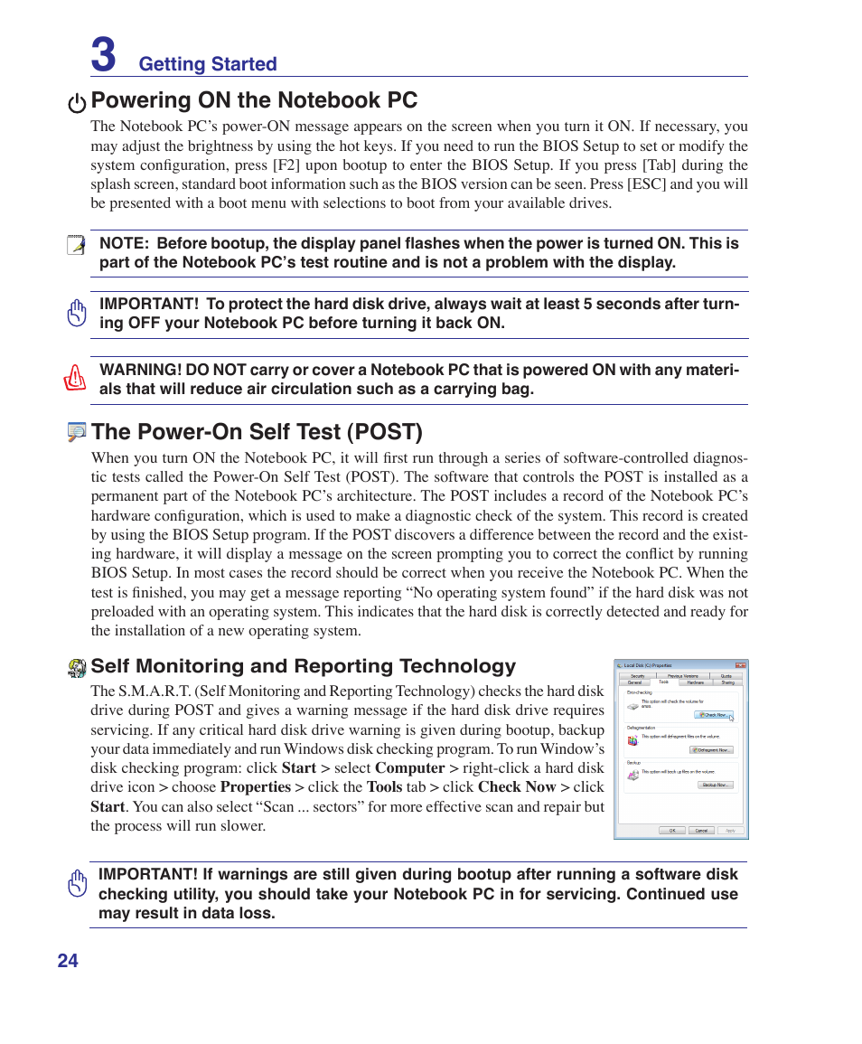 Powering on the notebook pc, The power-on self test (post) | Asus W7S User Manual | Page 24 / 83