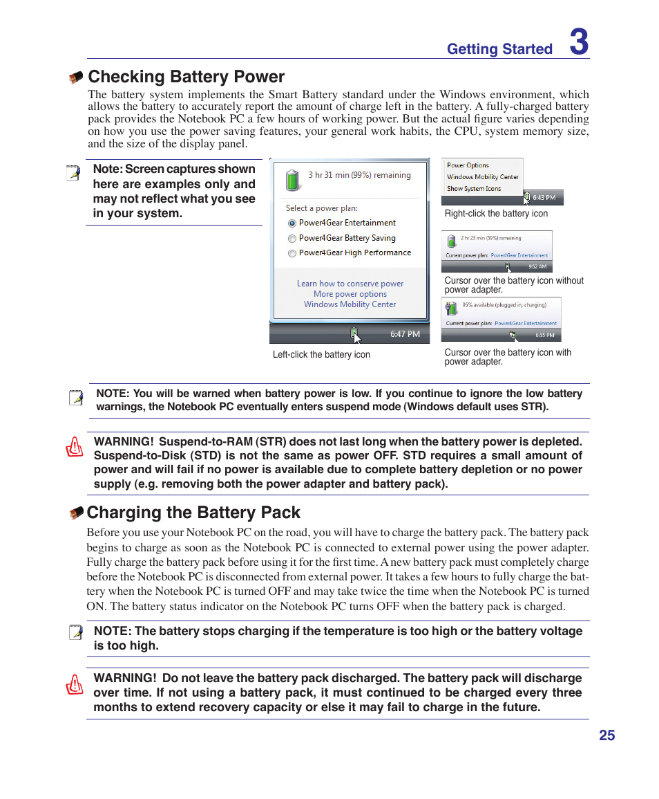 Checking battery power, Charging the battery pack | Asus W7S User Manual | Page 25 / 83