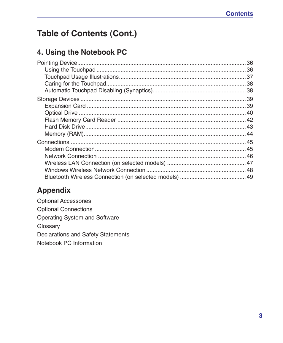 Table of contents (cont.) | Asus W7S User Manual | Page 3 / 83