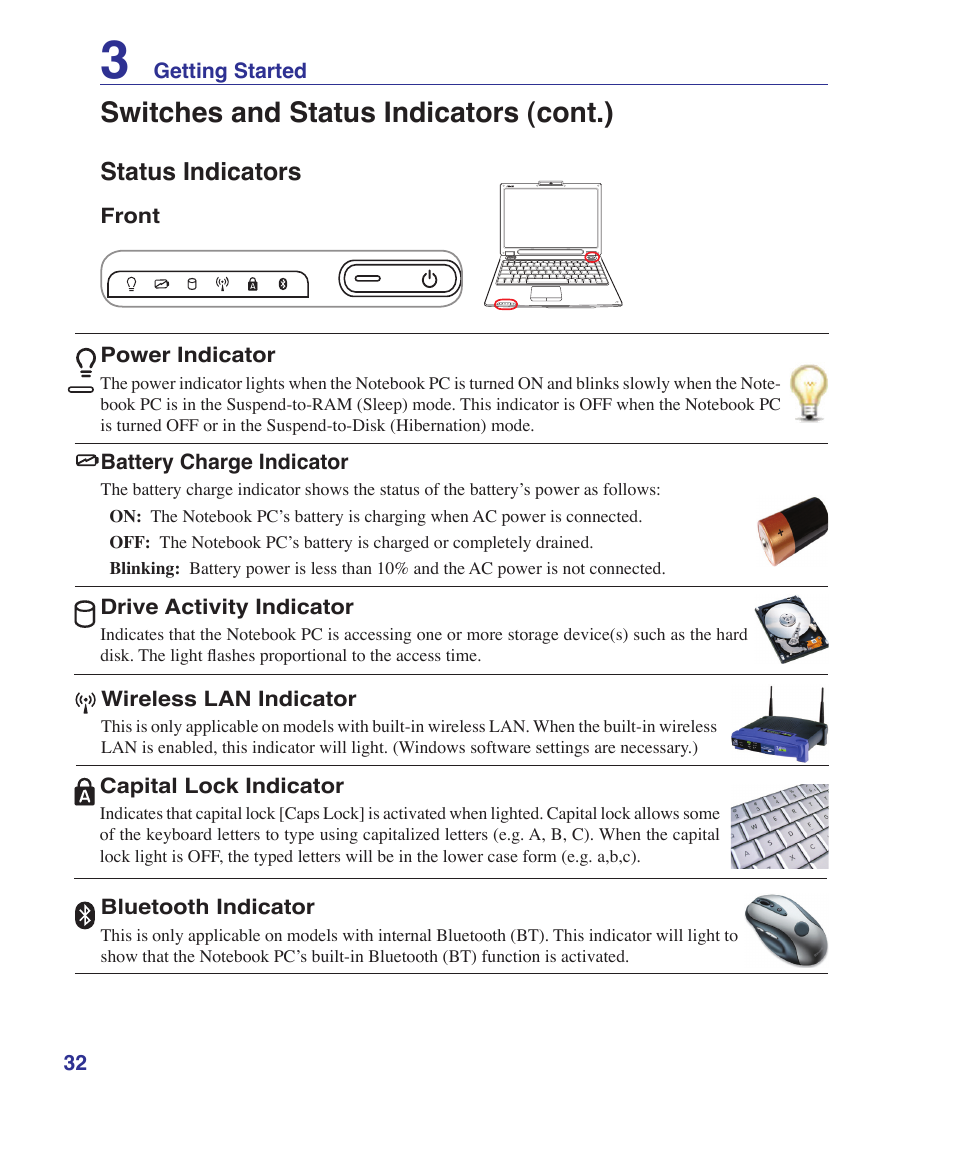 Status indicators, Switches and status indicators (cont.) | Asus W7S User Manual | Page 32 / 83