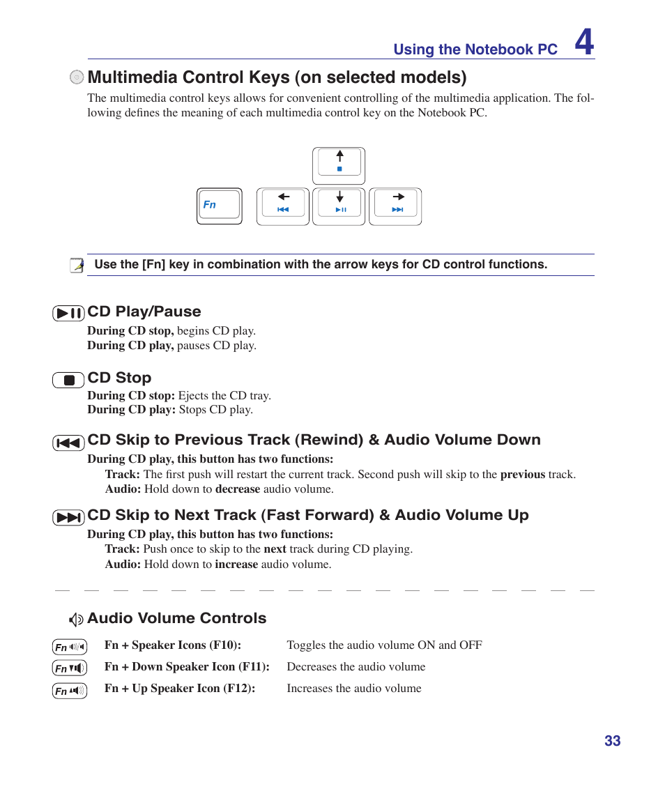 Multimedia control keys (on selected models) | Asus W7S User Manual | Page 33 / 83