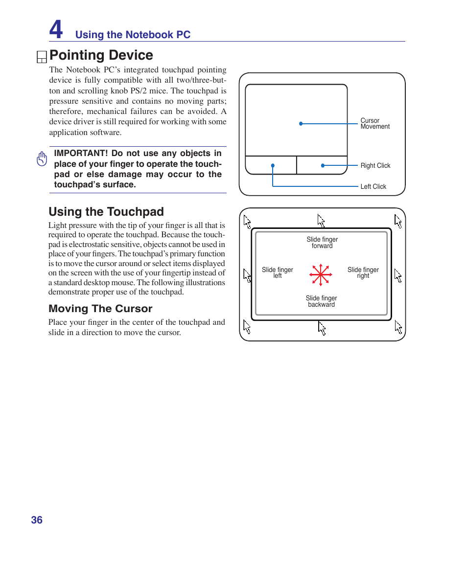 Pointing device, Using the touchpad | Asus W7S User Manual | Page 36 / 83