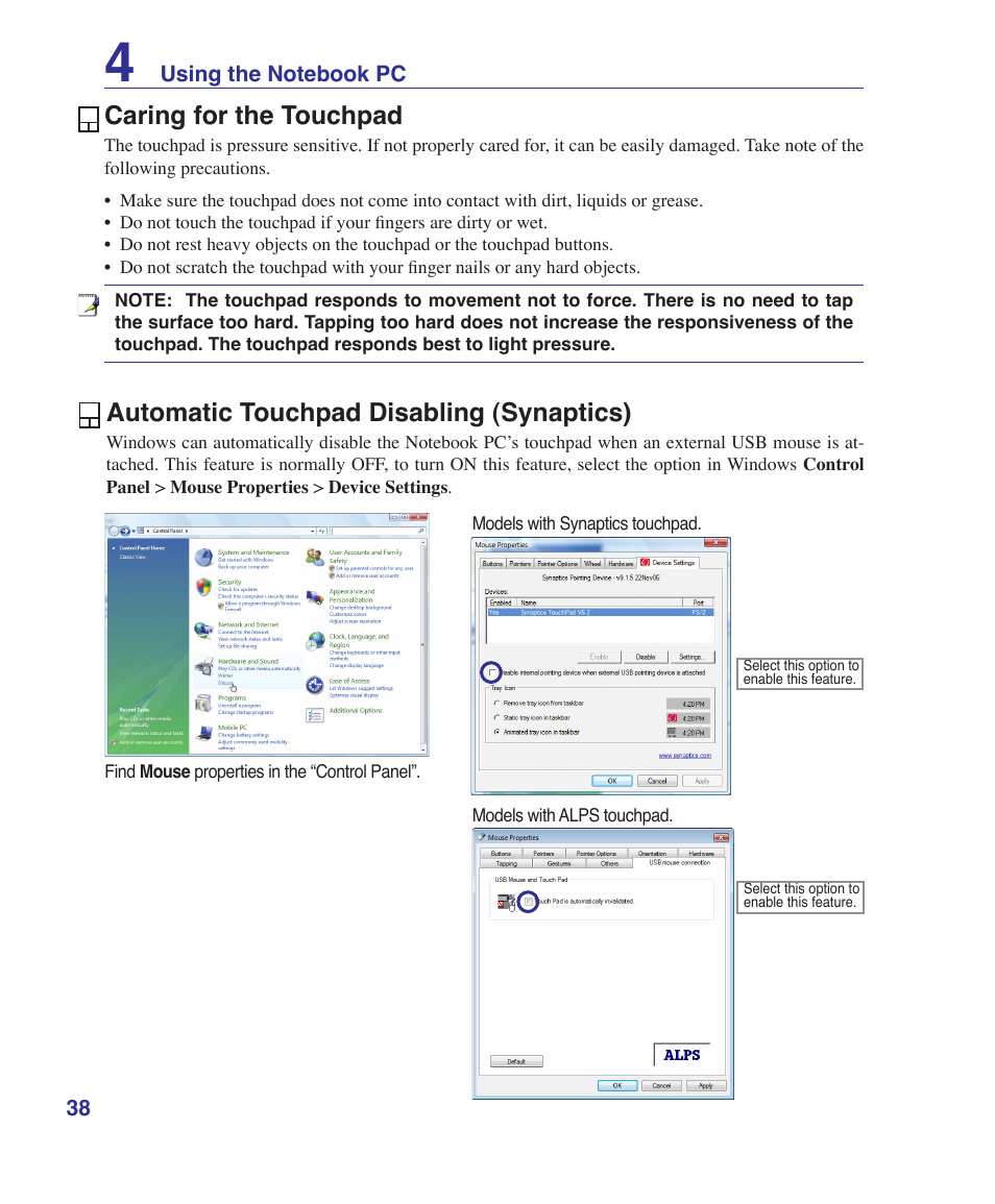 Caring for the touchpad, Automatic touchpad disabling (synaptics) | Asus W7S User Manual | Page 38 / 83