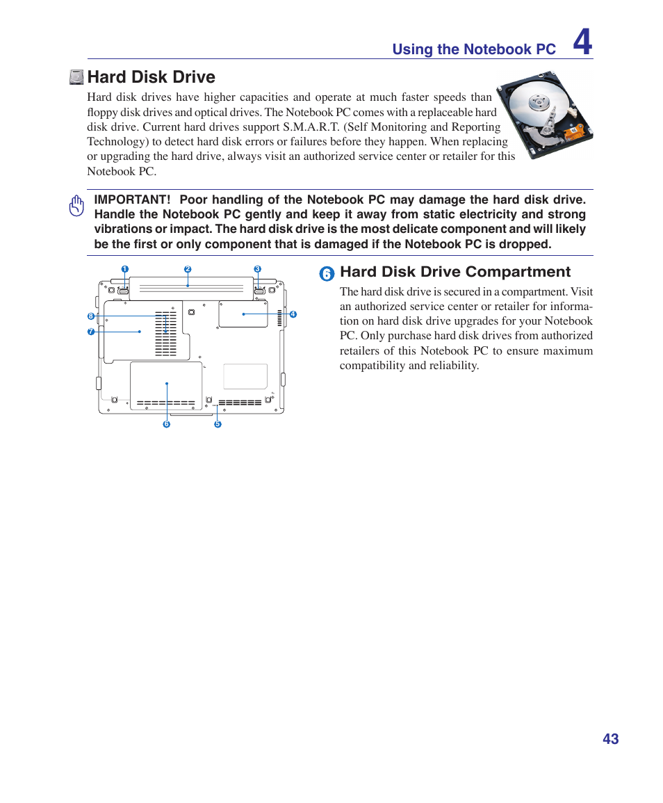 Hard disk drive, Hard disk drive compartment | Asus W7S User Manual | Page 43 / 83