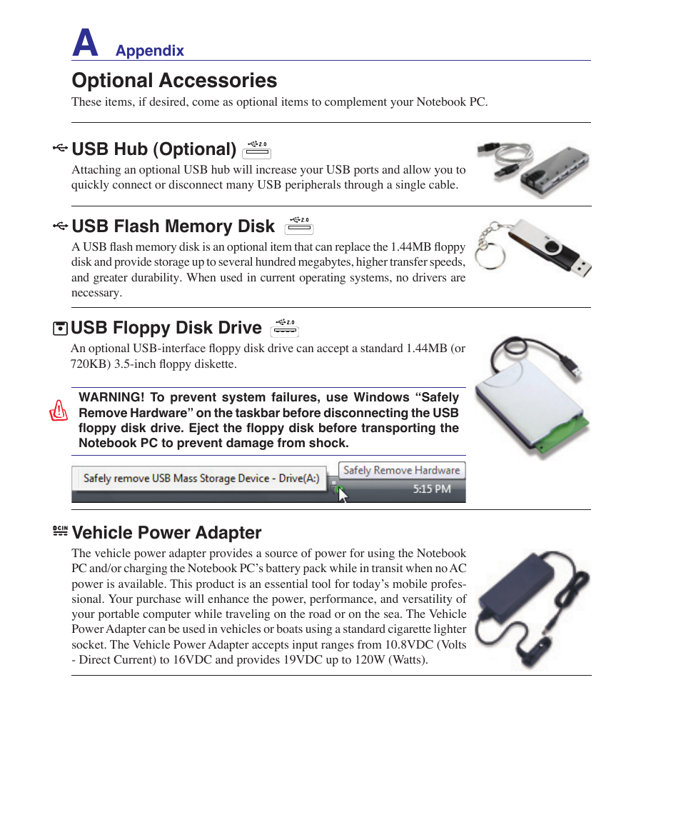 Optional accessories, Usb hub (optional), Vehicle power adapter | Usb floppy disk drive | Asus W7S User Manual | Page 52 / 83