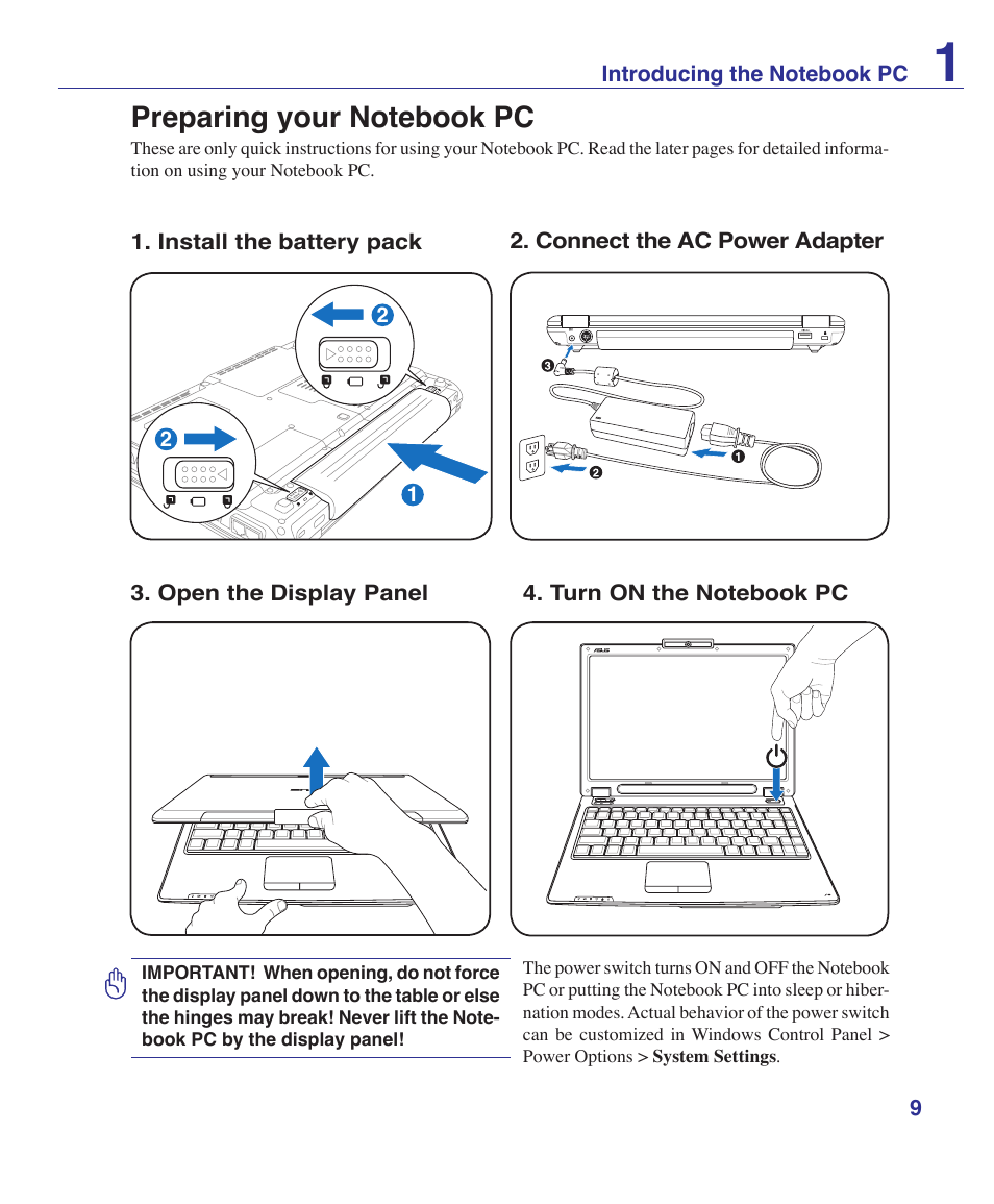 Preparing your notebook pc | Asus W7S User Manual | Page 9 / 83