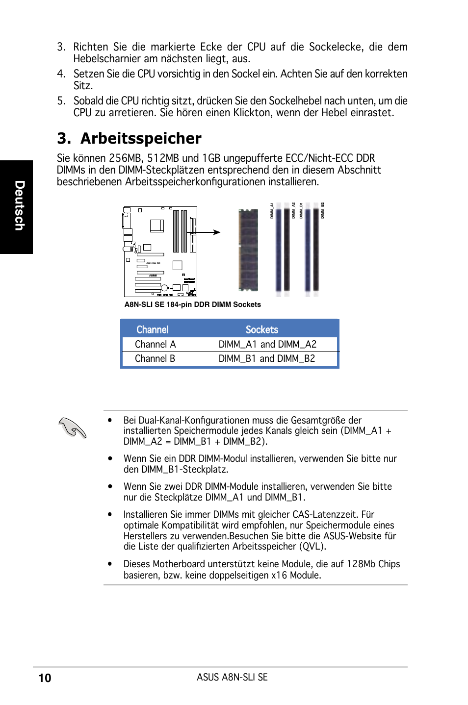 Arbeitsspeicher, Deutsch | Asus A8N-SLI SE User Manual | Page 10 / 43