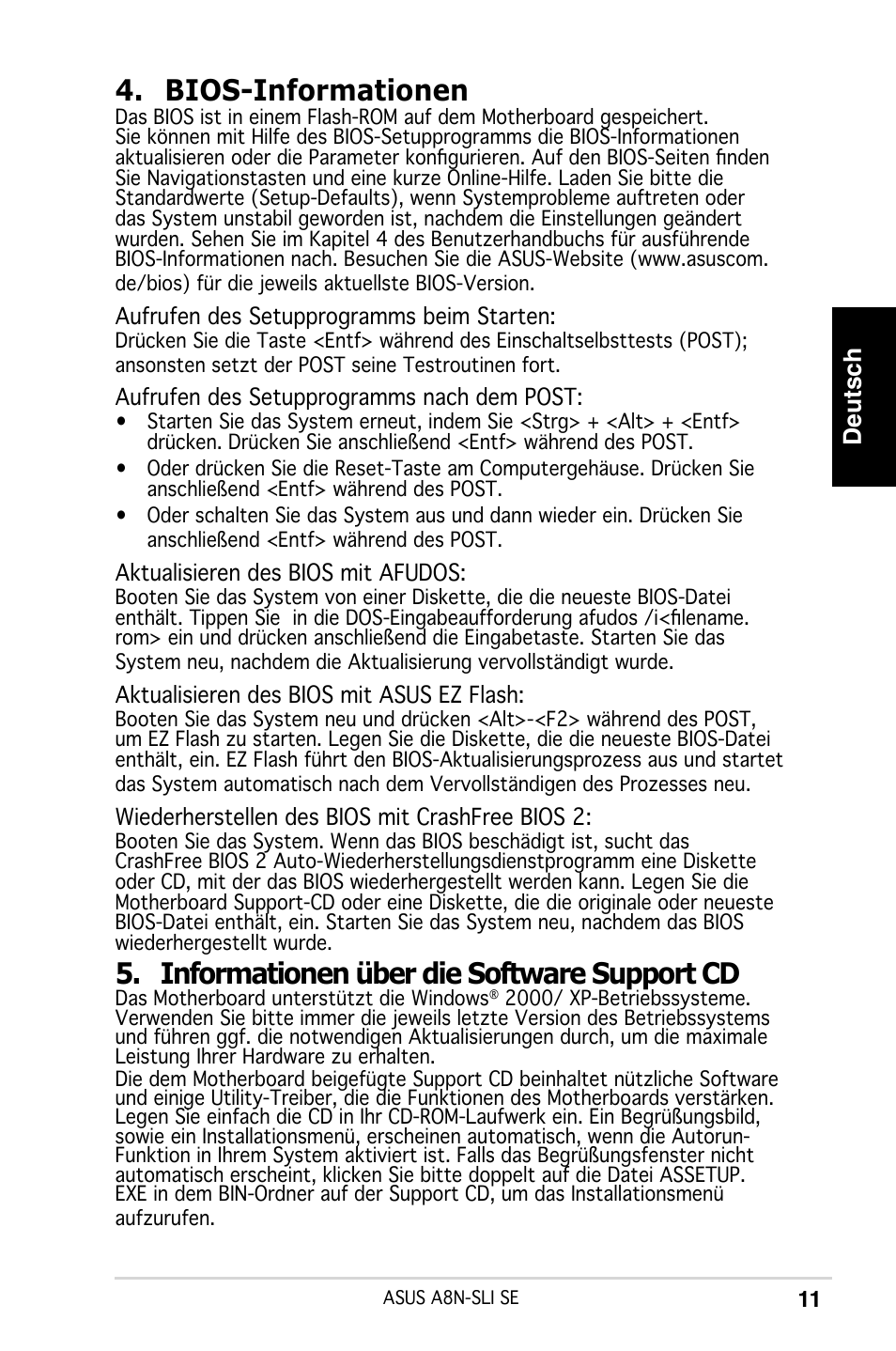 Bios-informationen, Informationen über die software support cd, Deutsch | Asus A8N-SLI SE User Manual | Page 11 / 43