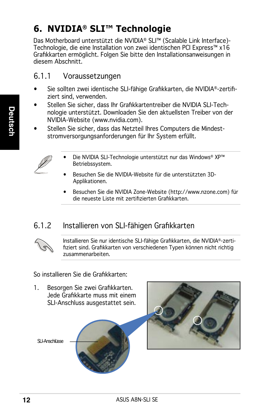 Nvidia, Sli™ technologie, Deutsch | 1 voraussetzungen, 2 installieren von sli-fähigen graﬁkkarten | Asus A8N-SLI SE User Manual | Page 12 / 43