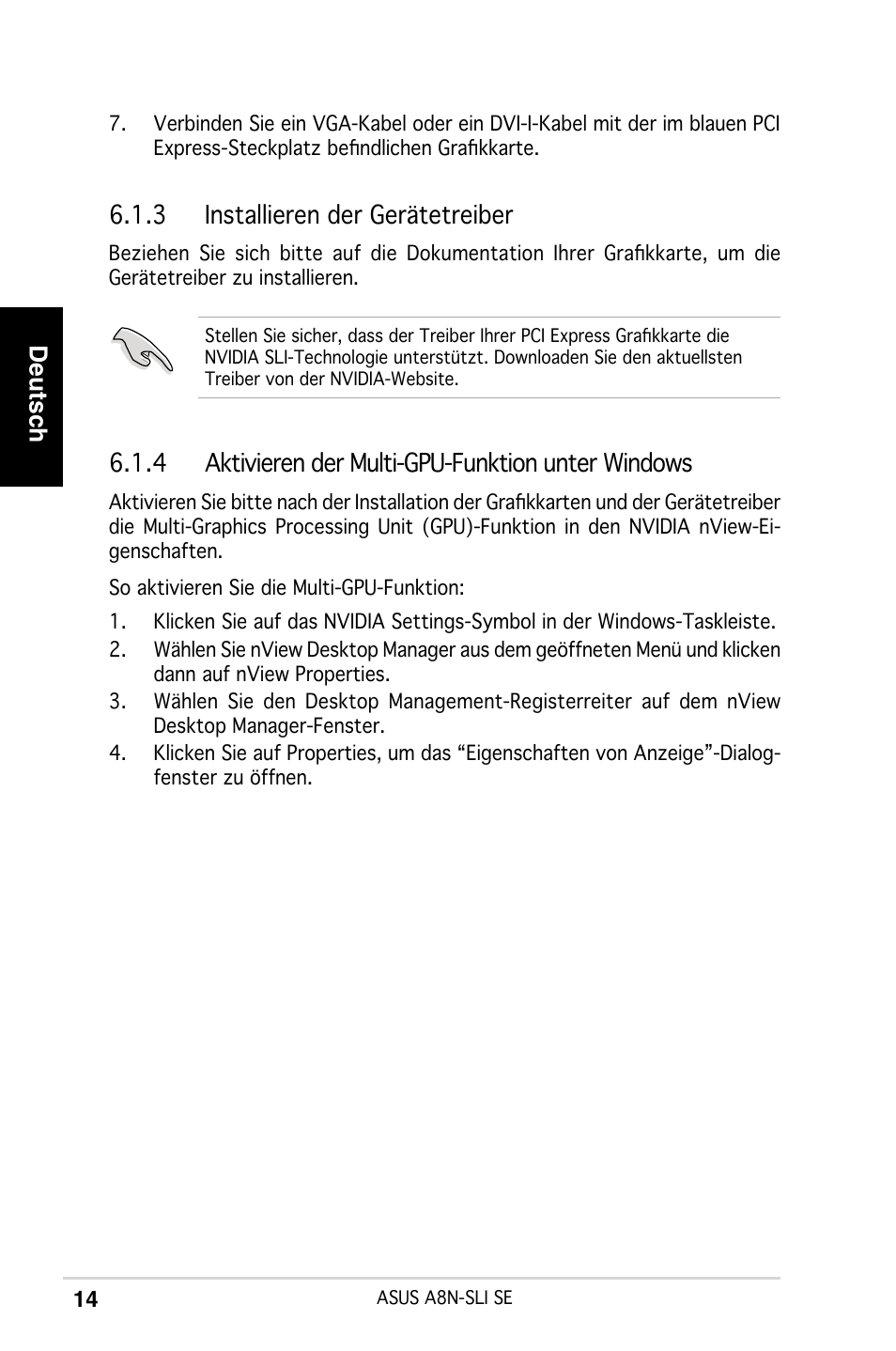 Deutsch, 3 installieren der gerätetreiber, 4 aktivieren der multi-gpu-funktion unter windows | Asus A8N-SLI SE User Manual | Page 14 / 43