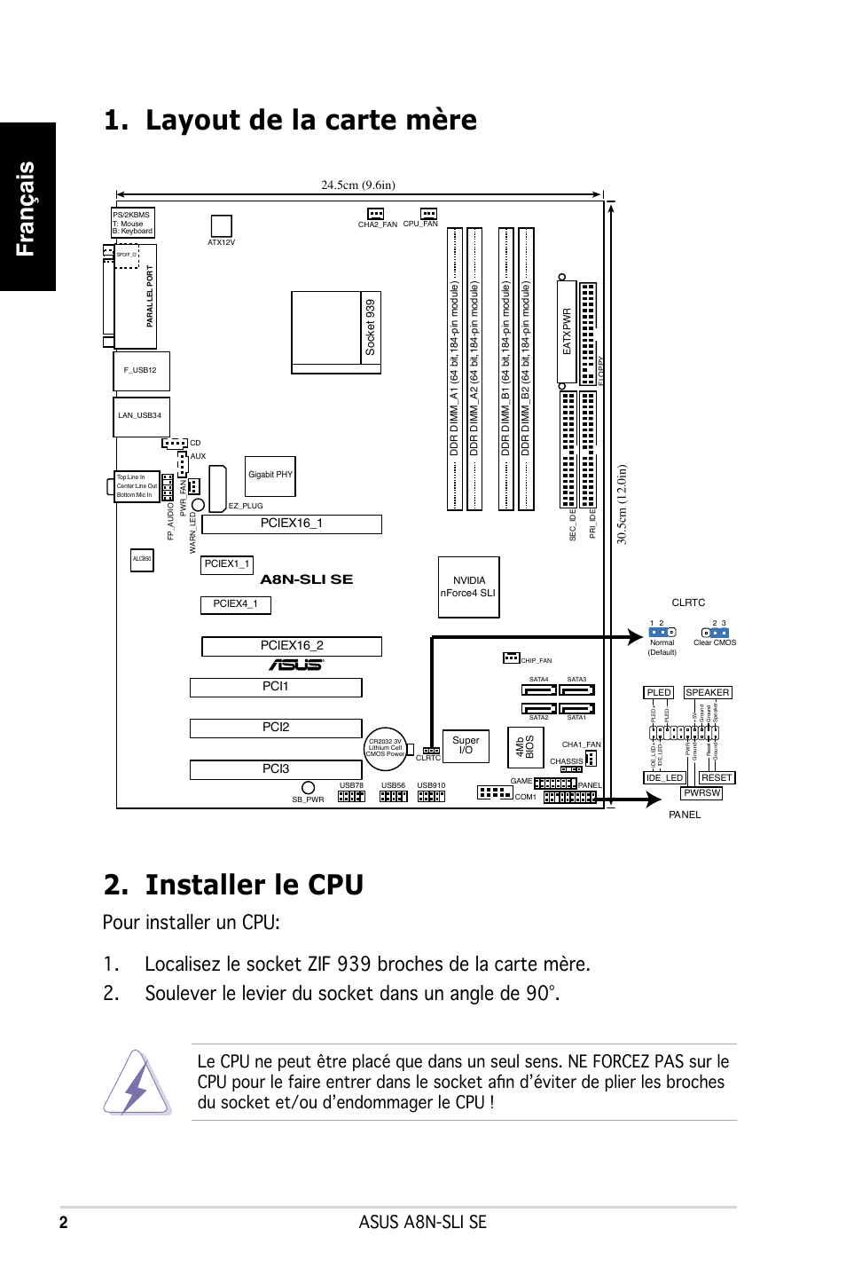 Installer le cpu, Layout de la carte mère, Français | 2asus a8n-sli se, A8n-sli se, Pciex16_1 | Asus A8N-SLI SE User Manual | Page 2 / 43