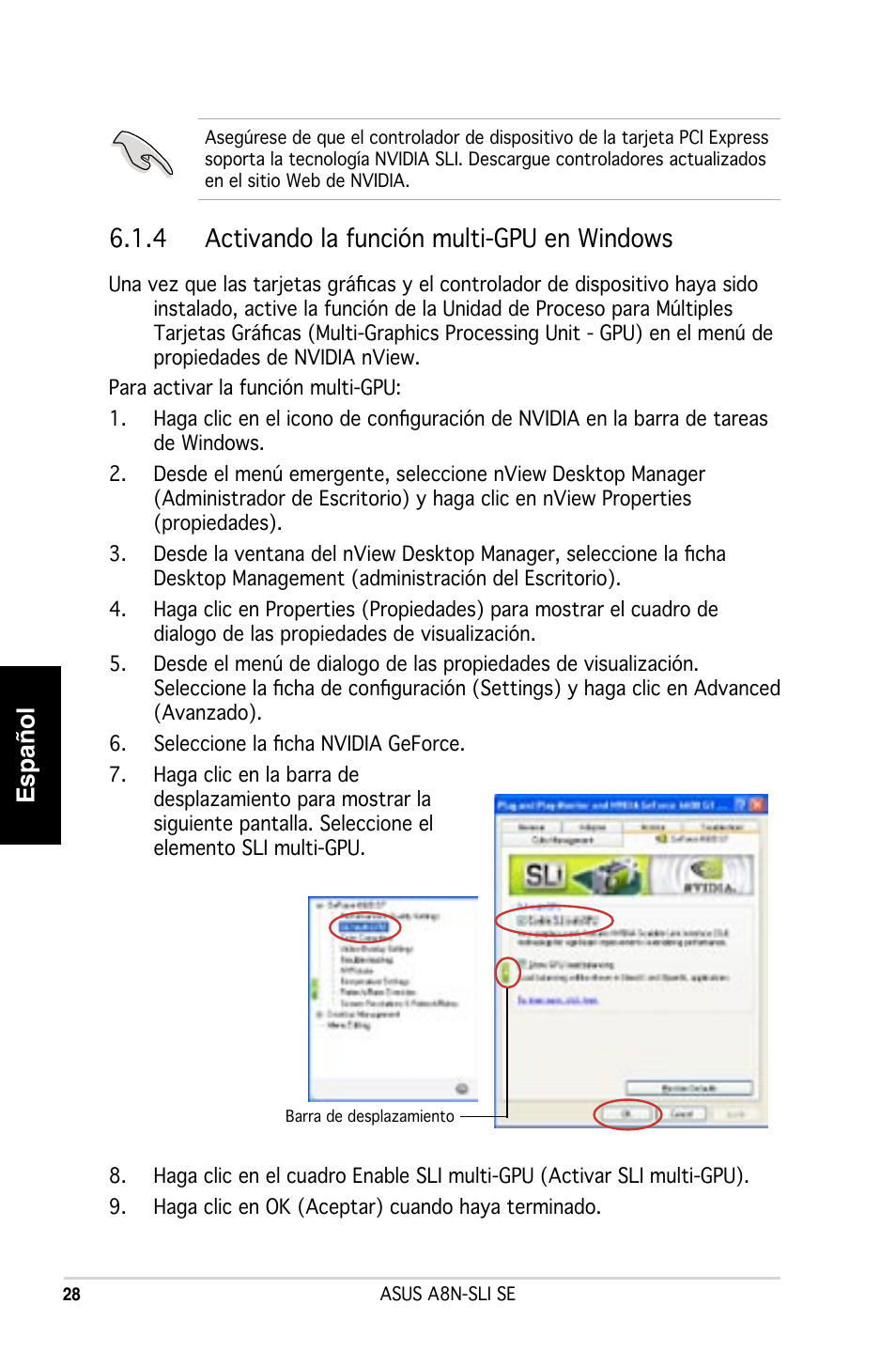 Español, 4 activando la función multi-gpu en windows | Asus A8N-SLI SE User Manual | Page 28 / 43