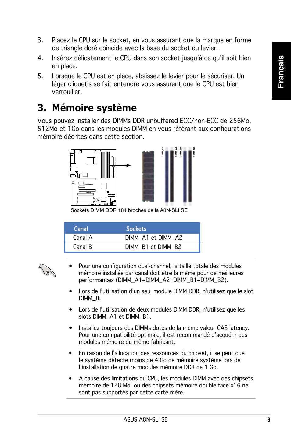 Mémoire système, Français | Asus A8N-SLI SE User Manual | Page 3 / 43