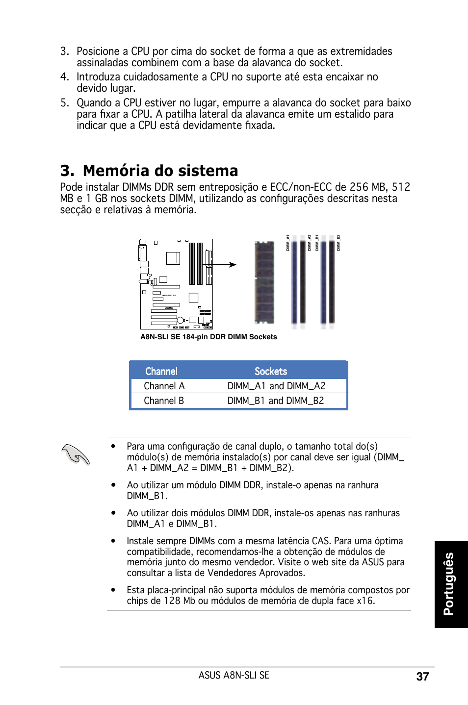 Memória do sistema, Português | Asus A8N-SLI SE User Manual | Page 37 / 43