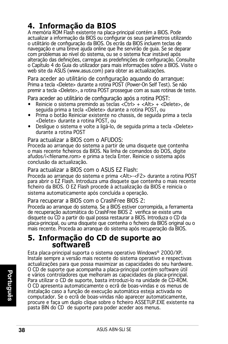 Informação da bios, Informação do cd de suporte ao softwareß, Português | Asus A8N-SLI SE User Manual | Page 38 / 43