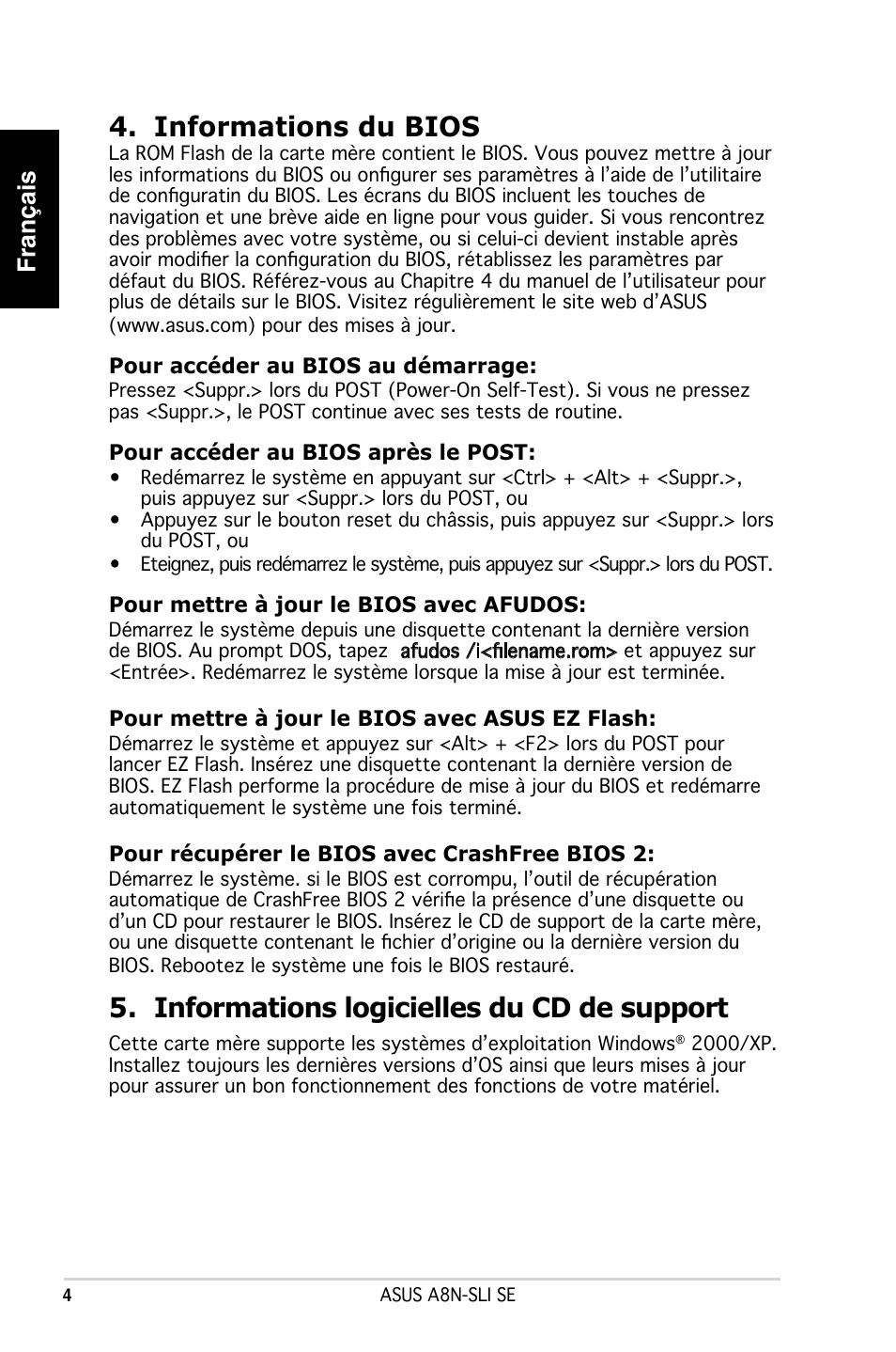 Informations du bios, Informations logicielles du cd de support, Français | Asus A8N-SLI SE User Manual | Page 4 / 43