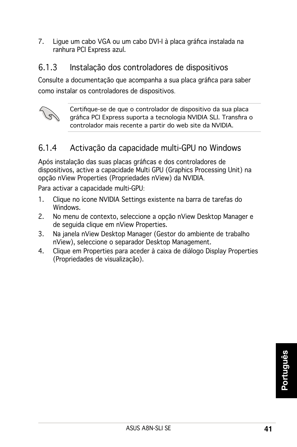 Português, 3 instalação dos controladores de dispositivos, 4 activação da capacidade multi-gpu no windows | Asus A8N-SLI SE User Manual | Page 41 / 43