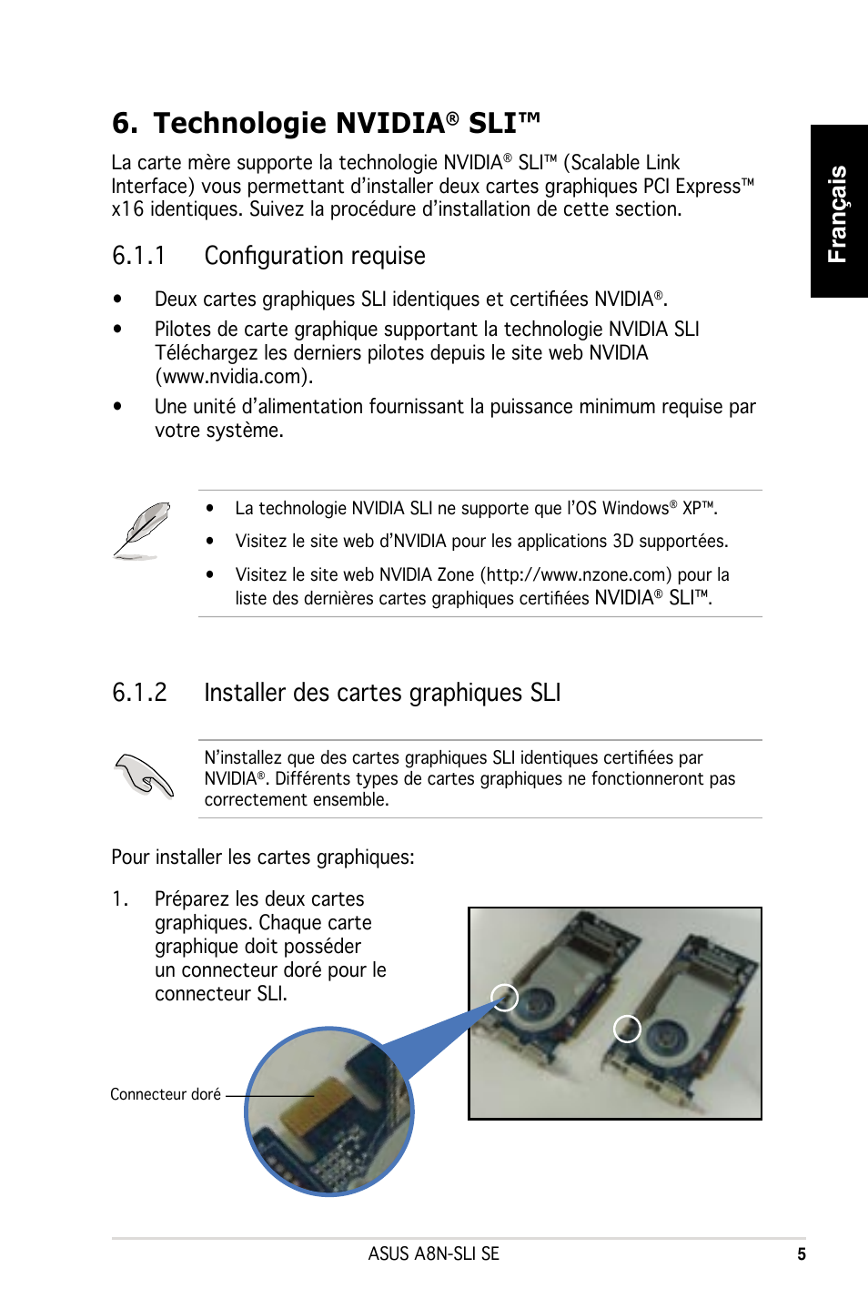 Technologie nvidia, Français, 1 conﬁguration requise | 2 installer des cartes graphiques sli | Asus A8N-SLI SE User Manual | Page 5 / 43