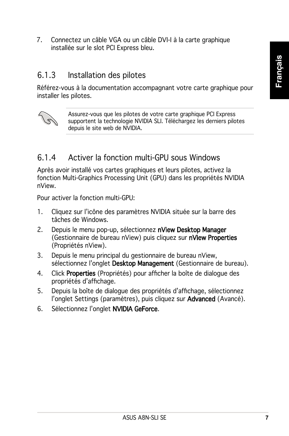 Français, 3 installation des pilotes, 4 activer la fonction multi-gpu sous windows | Asus A8N-SLI SE User Manual | Page 7 / 43