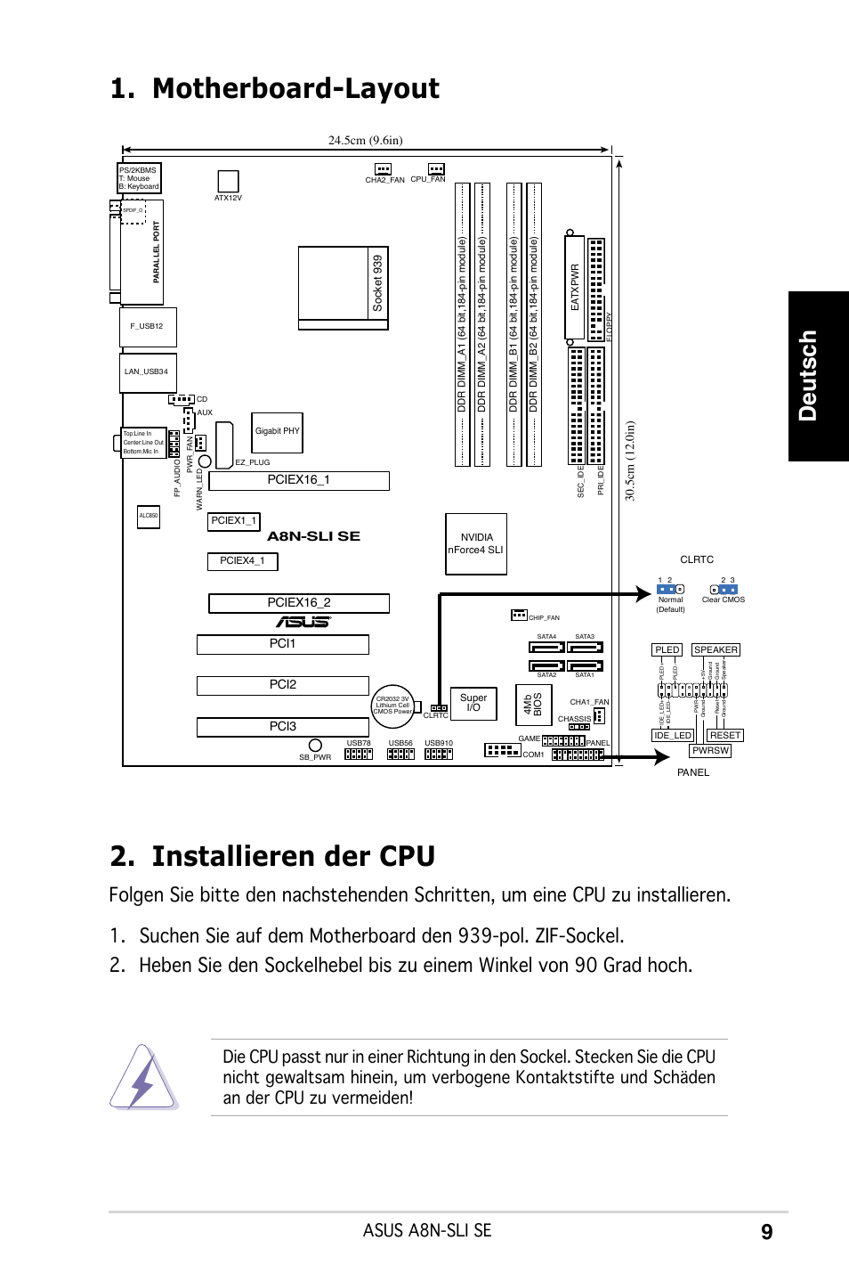 Motherboard-layout 2. installieren der cpu, Deutsch, Asus a8n-sli se | A8n-sli se, Pciex16_1 | Asus A8N-SLI SE User Manual | Page 9 / 43