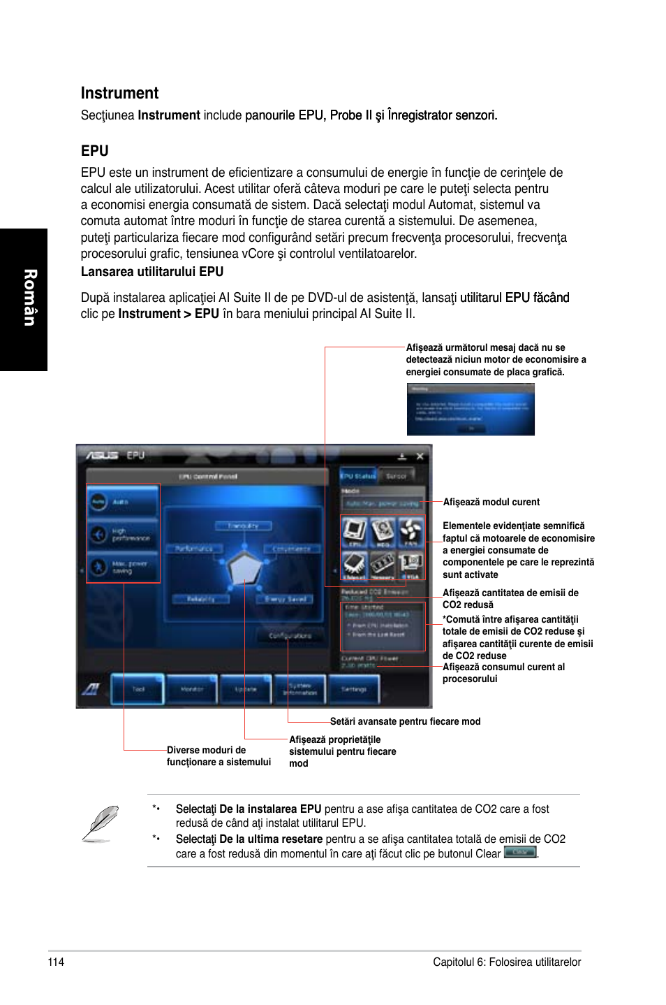 Română, Instrument | Asus CM6730 User Manual | Page 114 / 198