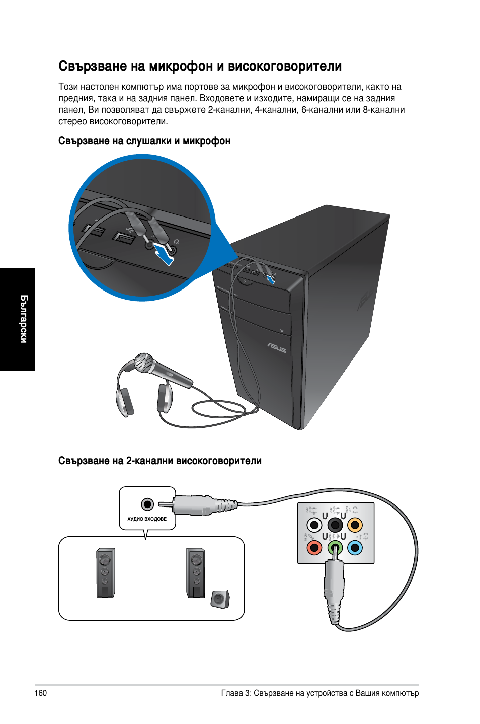 Свързване на микрофон и високоговорители | Asus CM6730 User Manual | Page 160 / 198