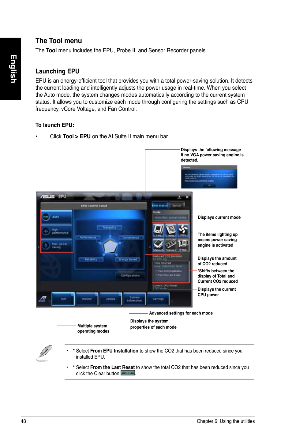 English, The tool menu, Launching epu | Asus CM6730 User Manual | Page 48 / 198