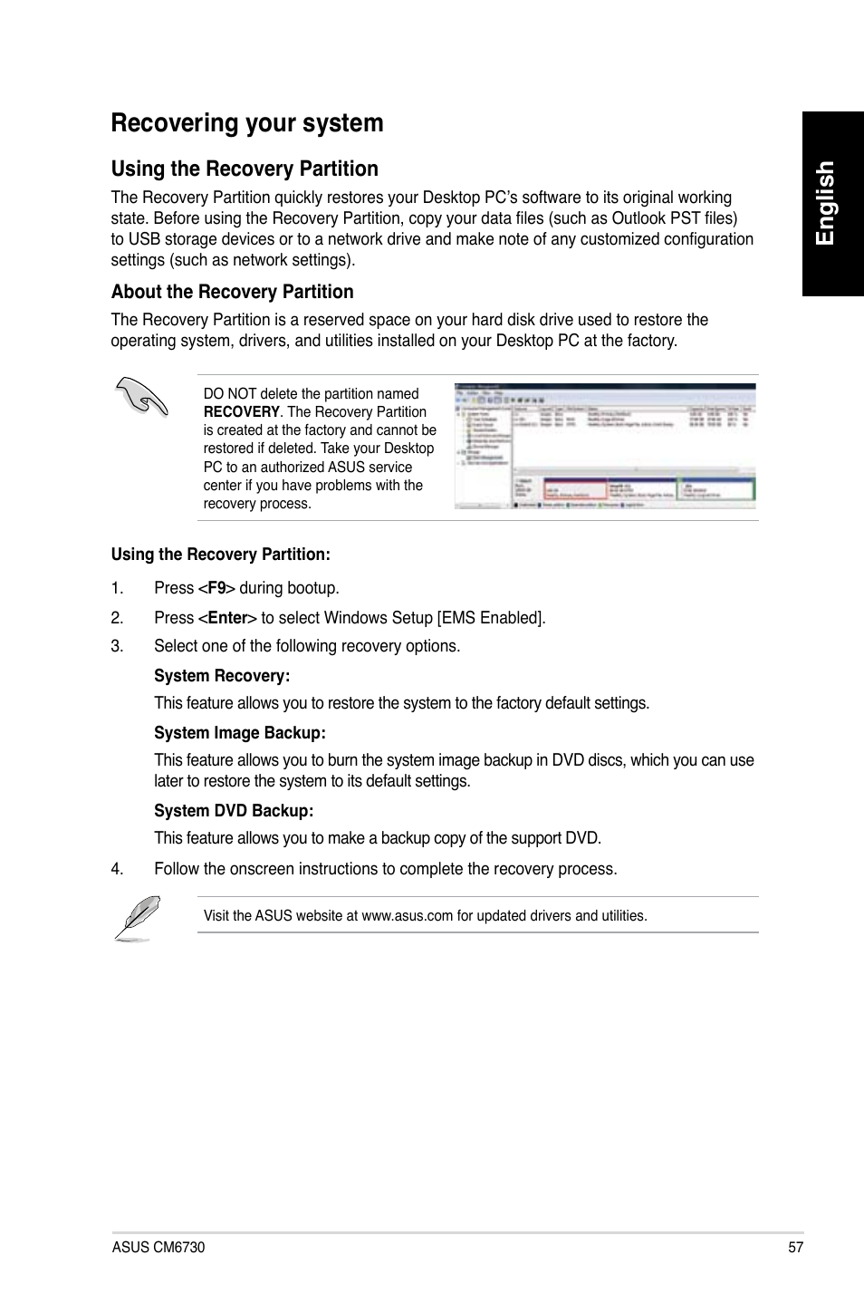 Recovering your system, English, Using the recovery partition | Asus CM6730 User Manual | Page 57 / 198