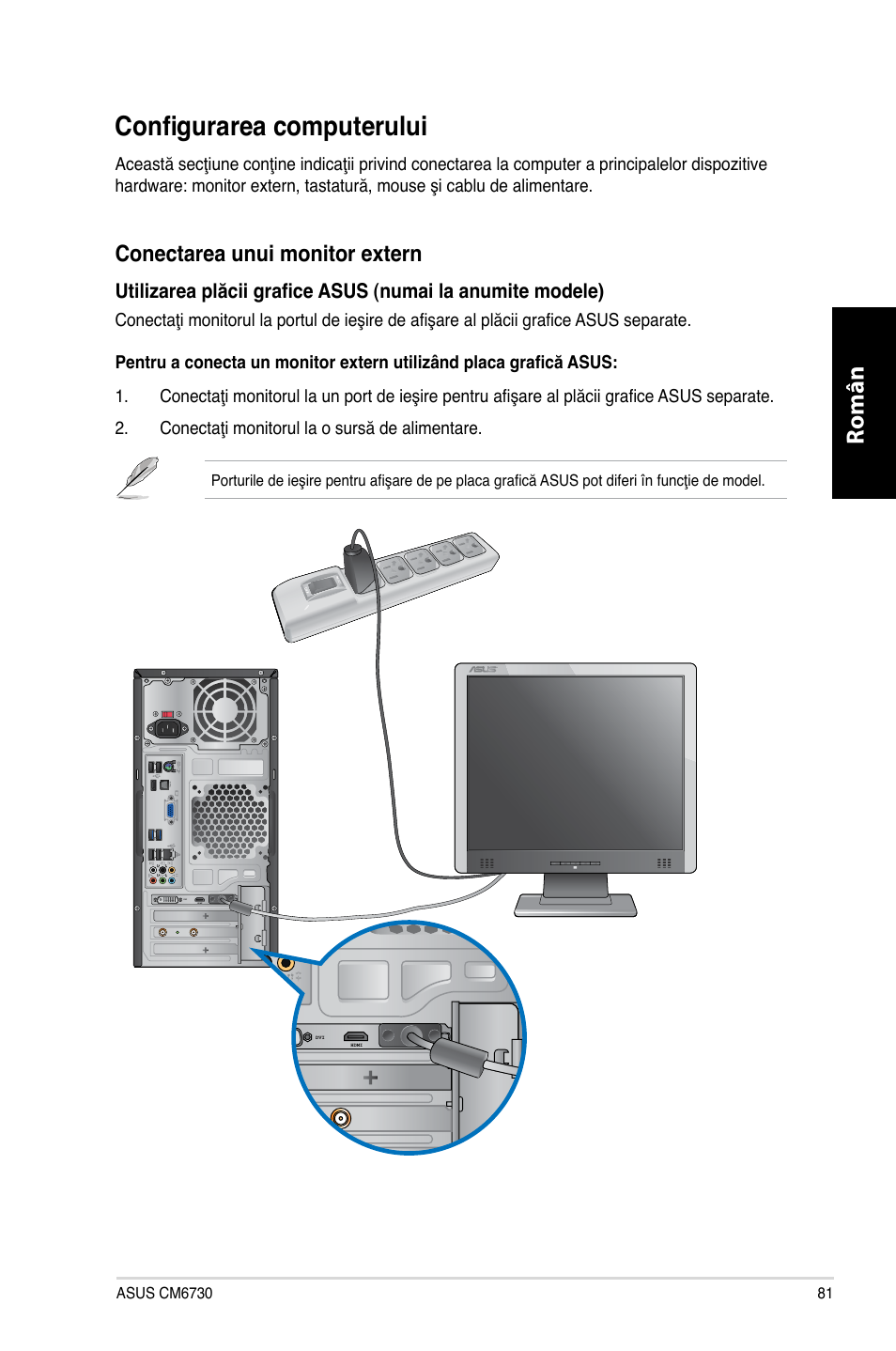 Configurarea computerului, Română, Conectarea unui monitor extern | Asus CM6730 User Manual | Page 81 / 198