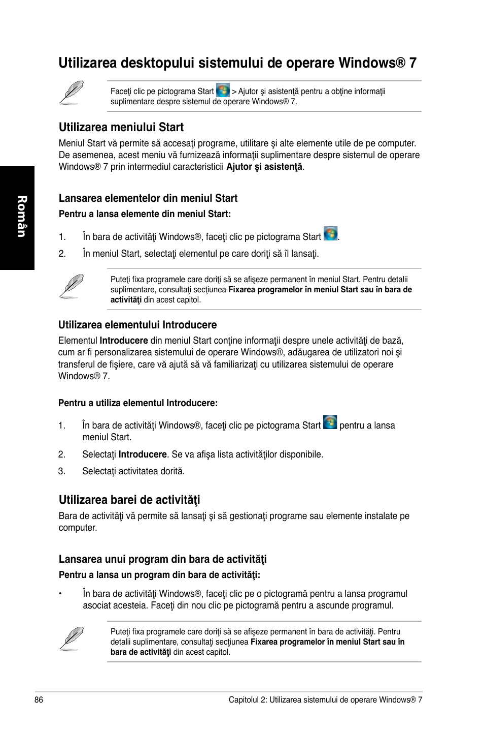 Română, Utilizarea meniului start, Utilizarea barei de activităţi | Asus CM6730 User Manual | Page 86 / 198