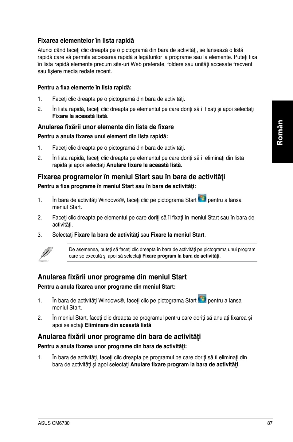 Română, Anularea fixării unor programe din meniul start | Asus CM6730 User Manual | Page 87 / 198