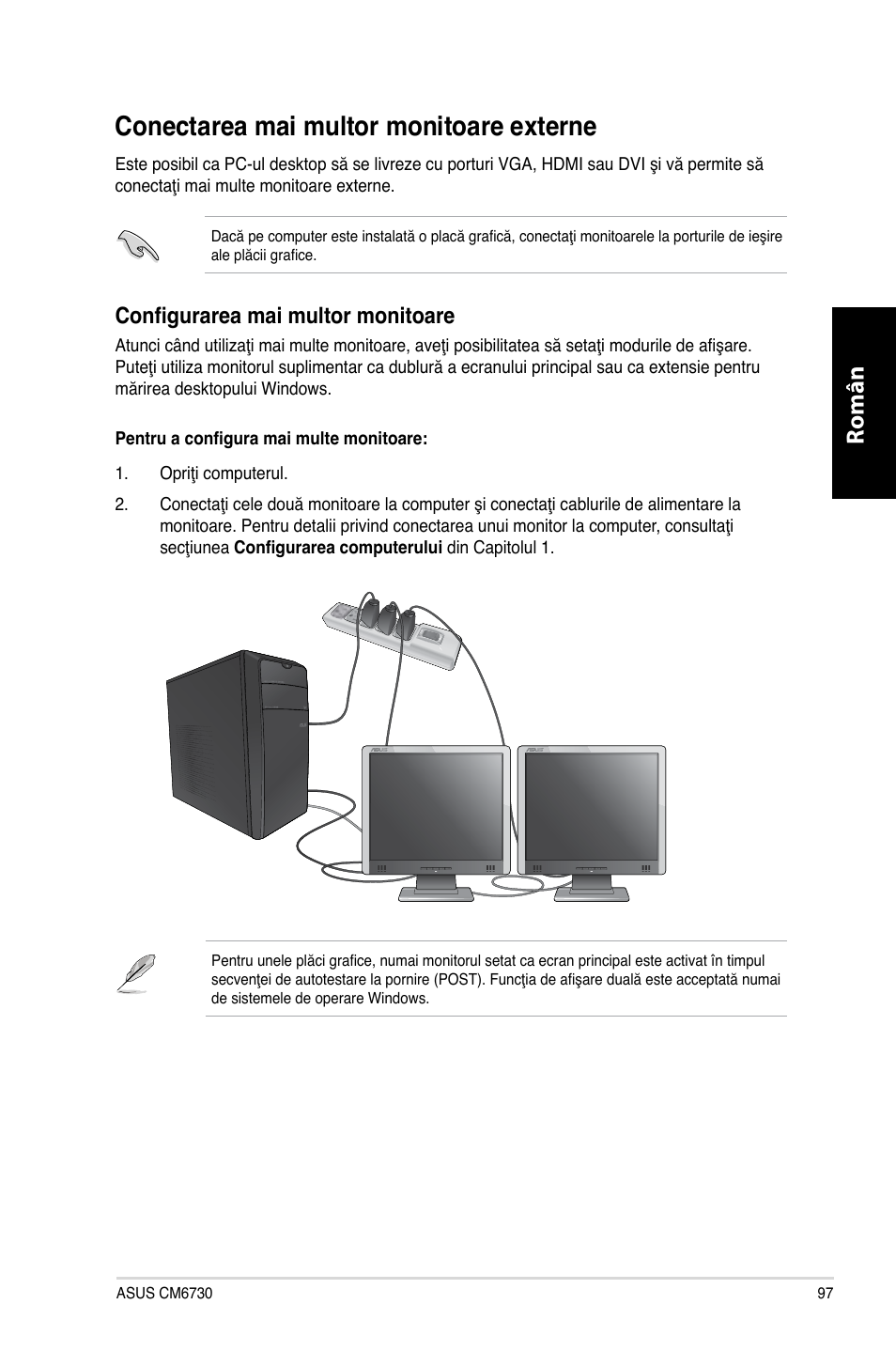 Conectarea mai multor monitoare externe, Română, Configurarea mai multor monitoare | Asus CM6730 User Manual | Page 97 / 198