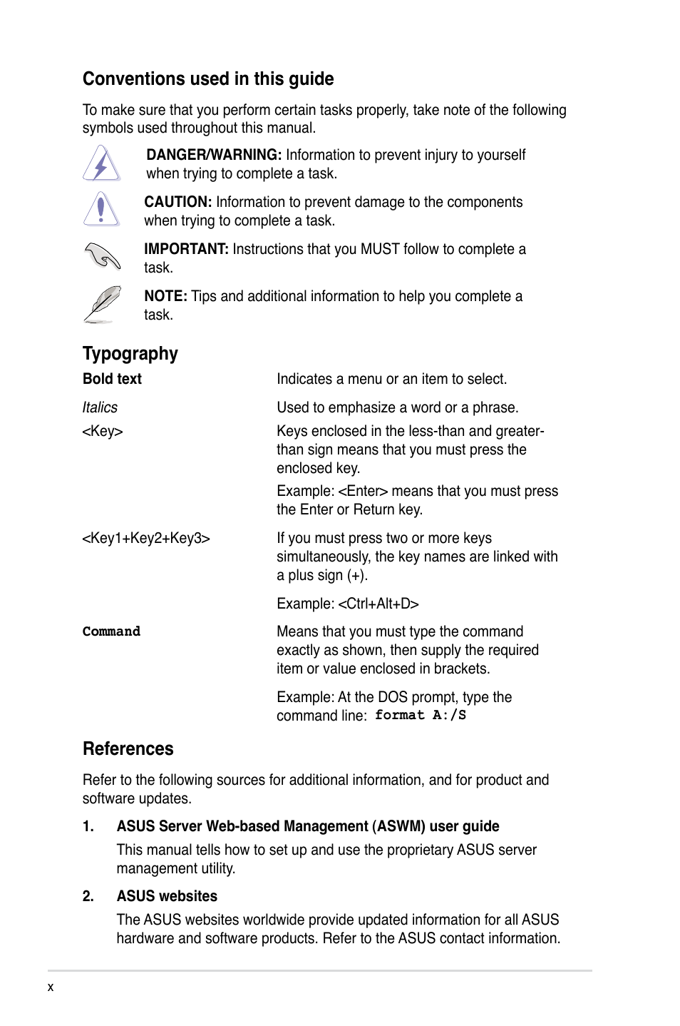 References, Typography, Conventions used in this guide | Asus RS120-E5/S User Manual | Page 10 / 164